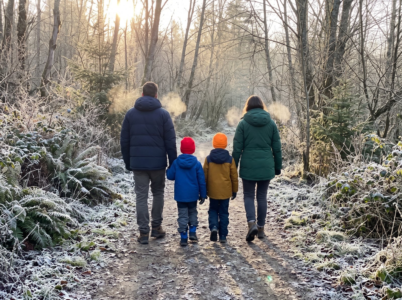 Family on a winter trail on New Year's Day morning