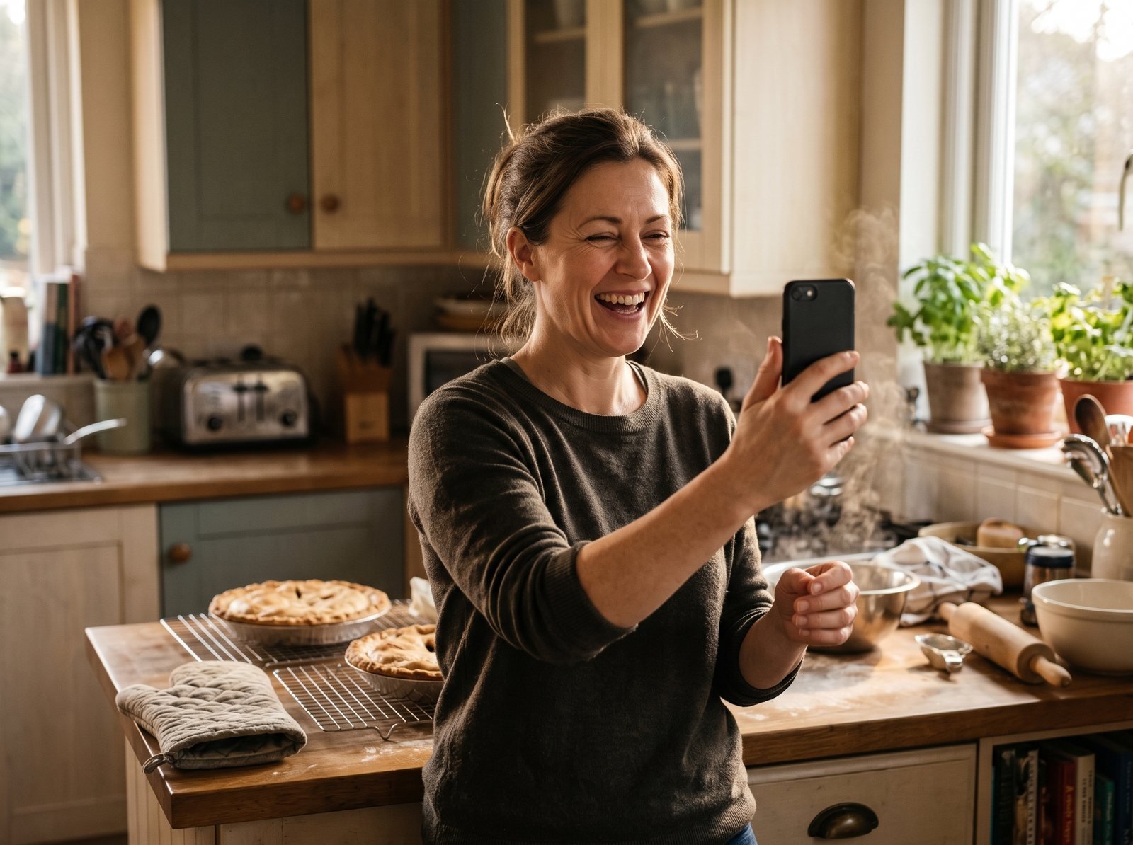 Woman recording a short thank-you video message on her phone in a warm kitchen with pies cooling