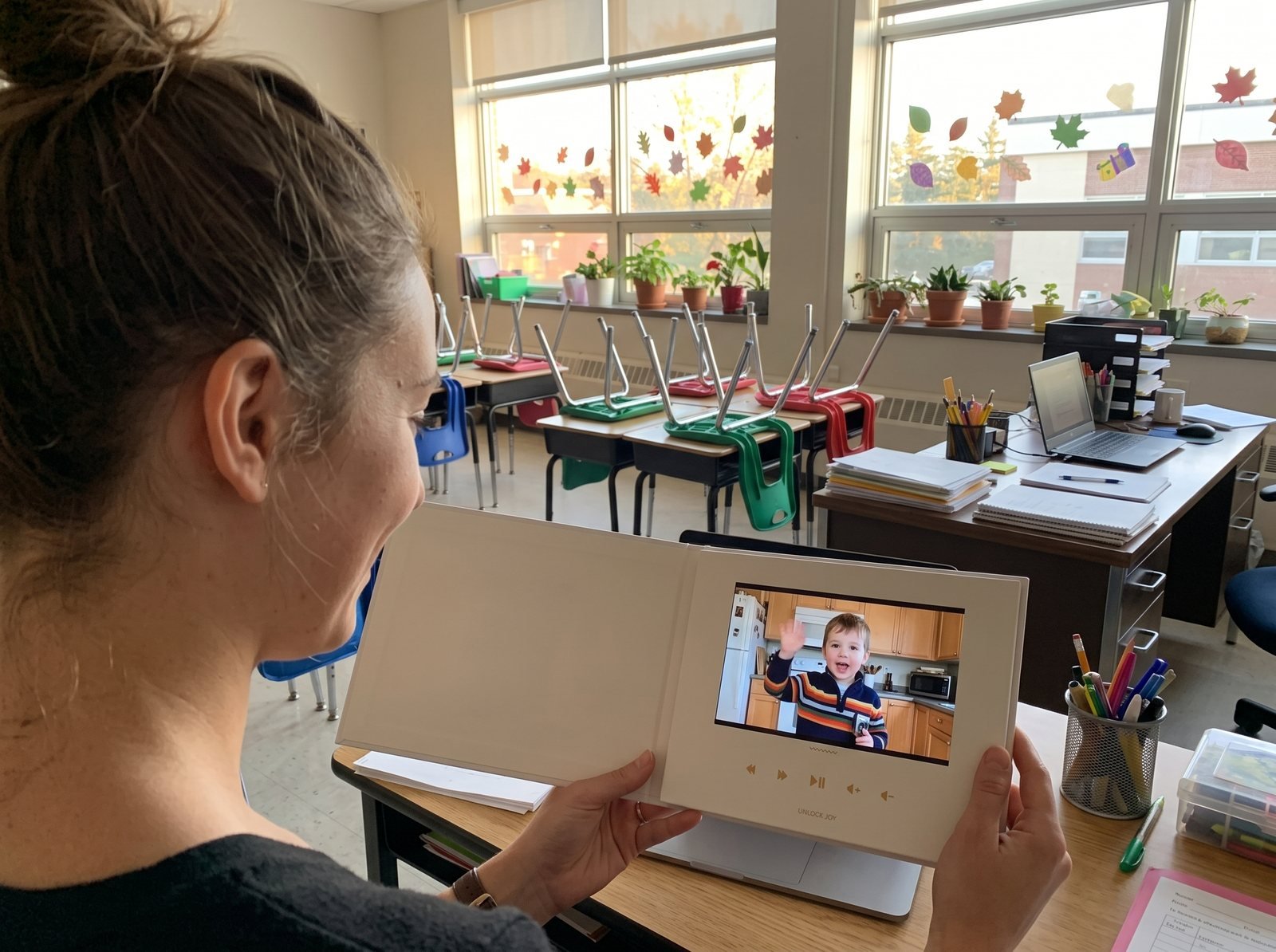 Elementary teacher at her desk watching her class's video messages on an open Tribute Video Book