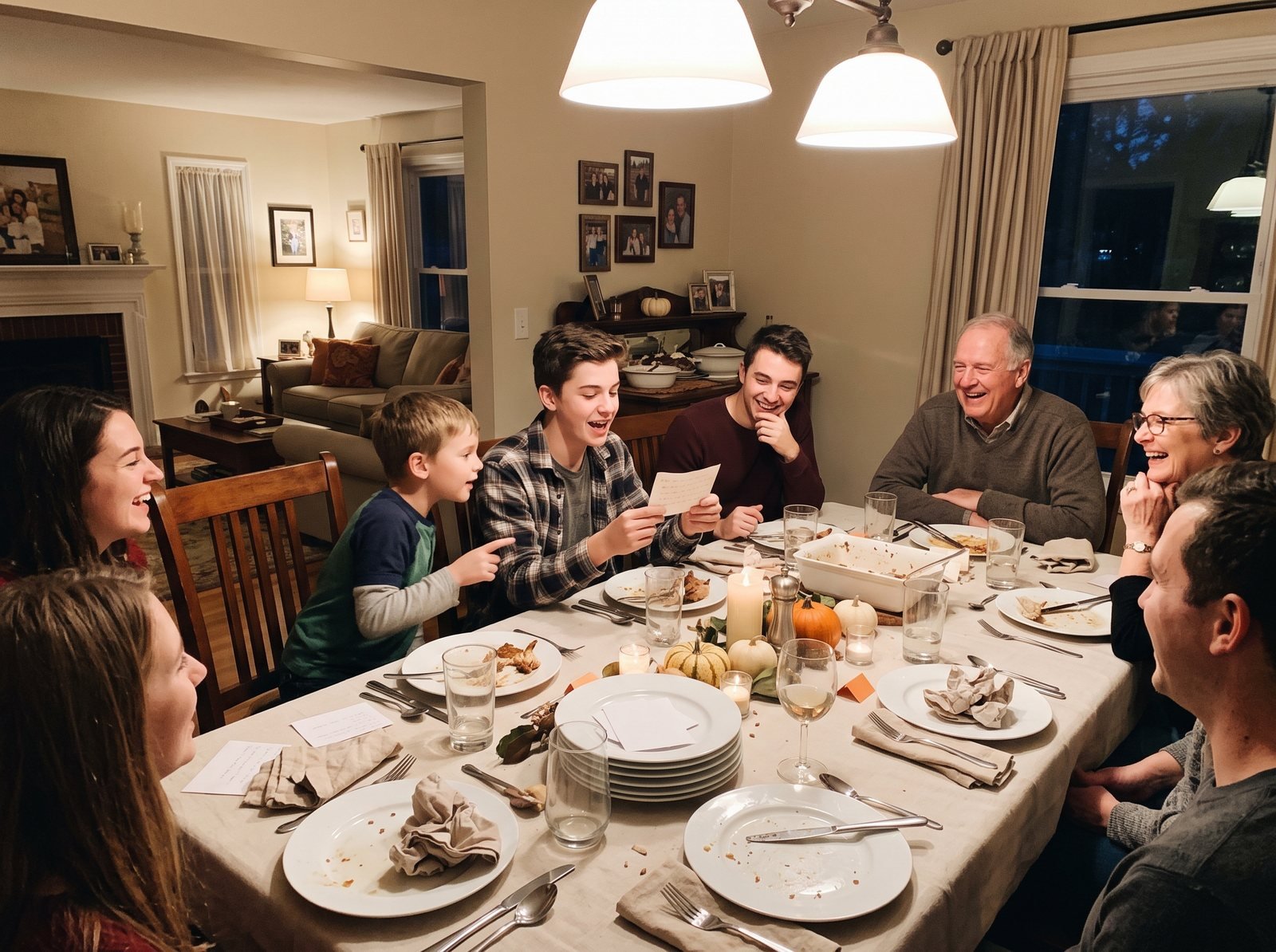 Family playing a game at the table after Thanksgiving dinner, cousins laughing