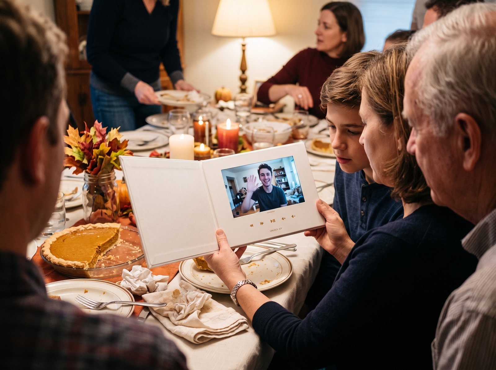 Family around a Thanksgiving table leaning in to watch a group video playing on an open Tribute Video Book