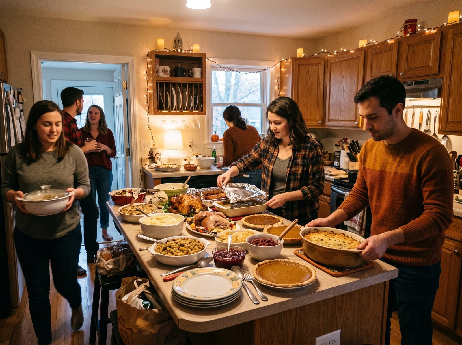 Friends serving themselves from a Thanksgiving potluck buffet in a busy kitchen