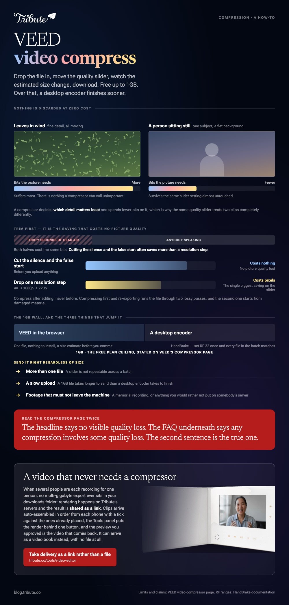 What a VEED video compress does: why a busy shot needs more bits than a person sitting still, why cutting dead air saves more than dropping a resolution step, and the 1GB free plan wall that sends a file to a desktop encoder instead