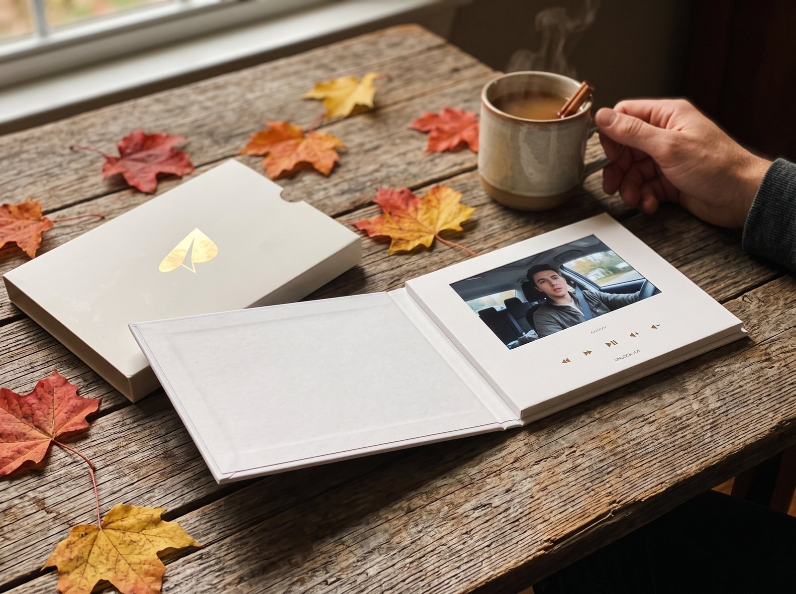 Hands holding an open Tribute Video Book playing a video message over an autumn table