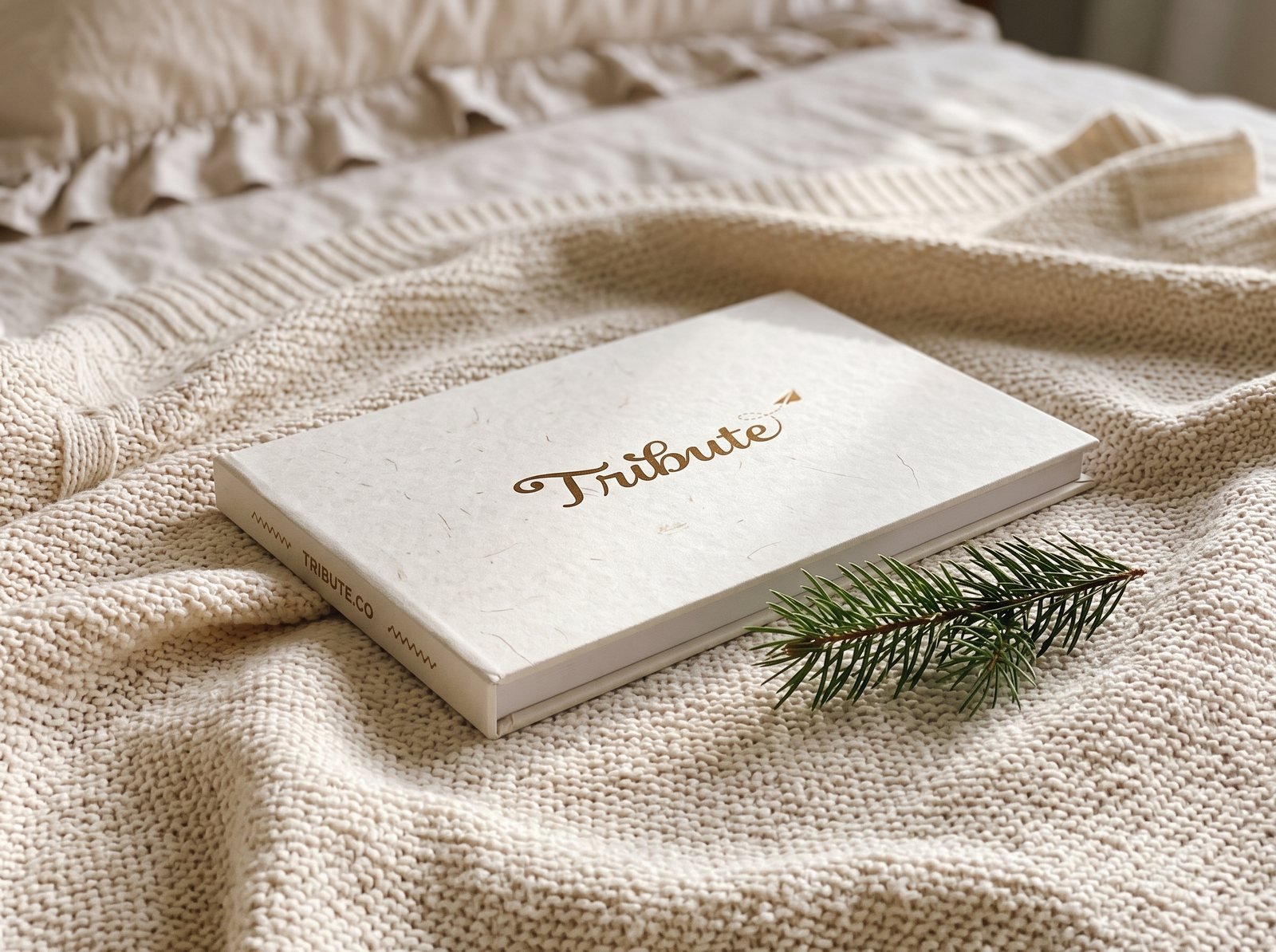 Closed Tribute Video Book with its gold foil cover on a knit throw