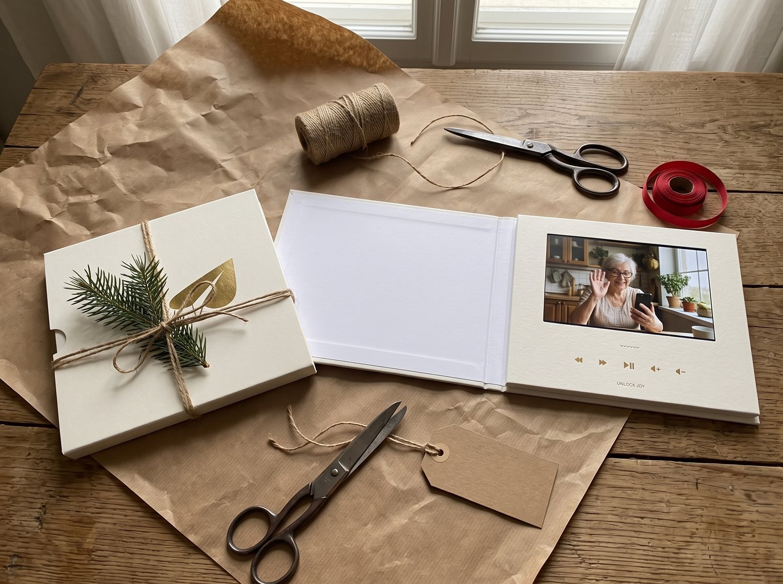 Tribute Video Book slipcase tied with twine and a pine sprig next to the open book on a craft table
