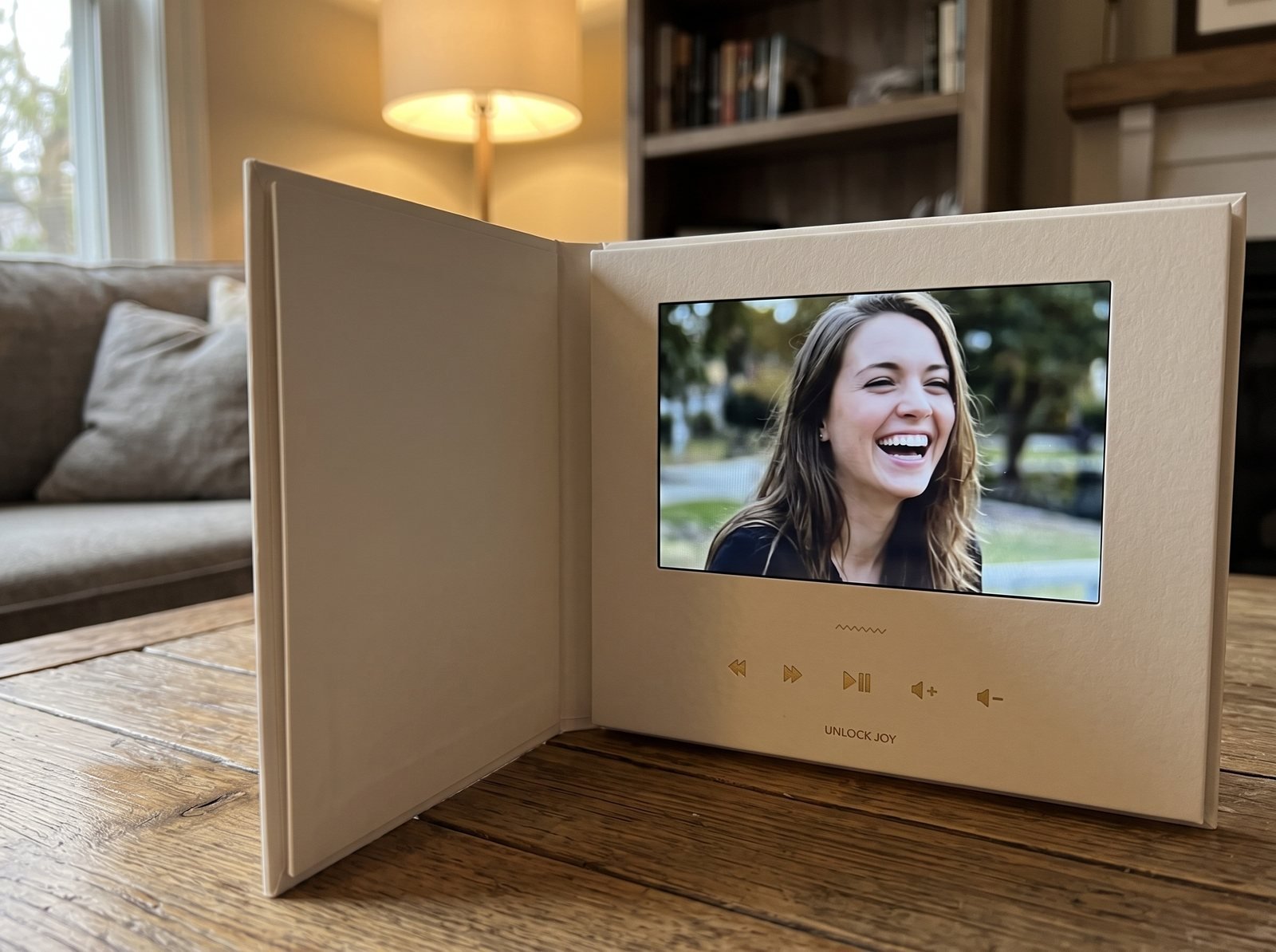 Close-up of the Tribute Video Book screen and gold playback icons