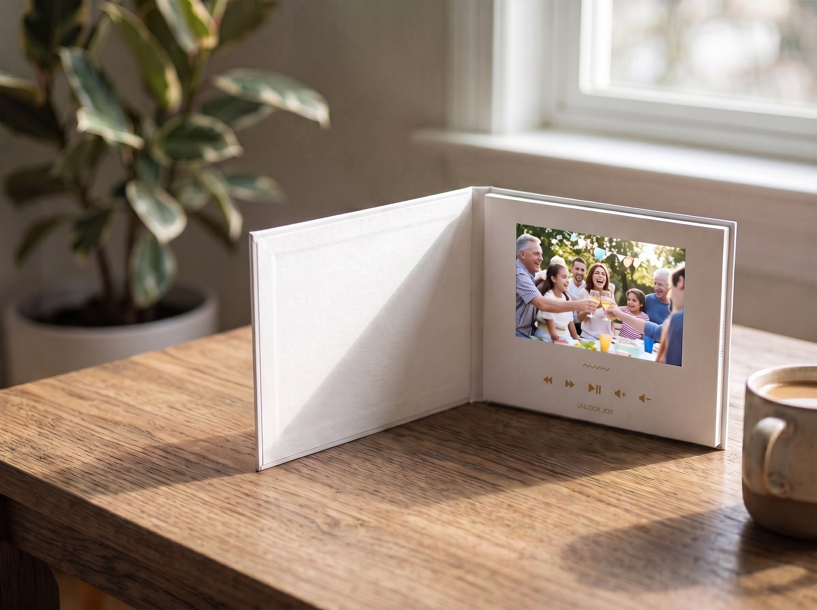 Tribute Video Book open on a wooden table playing a group video, slipcase beside it