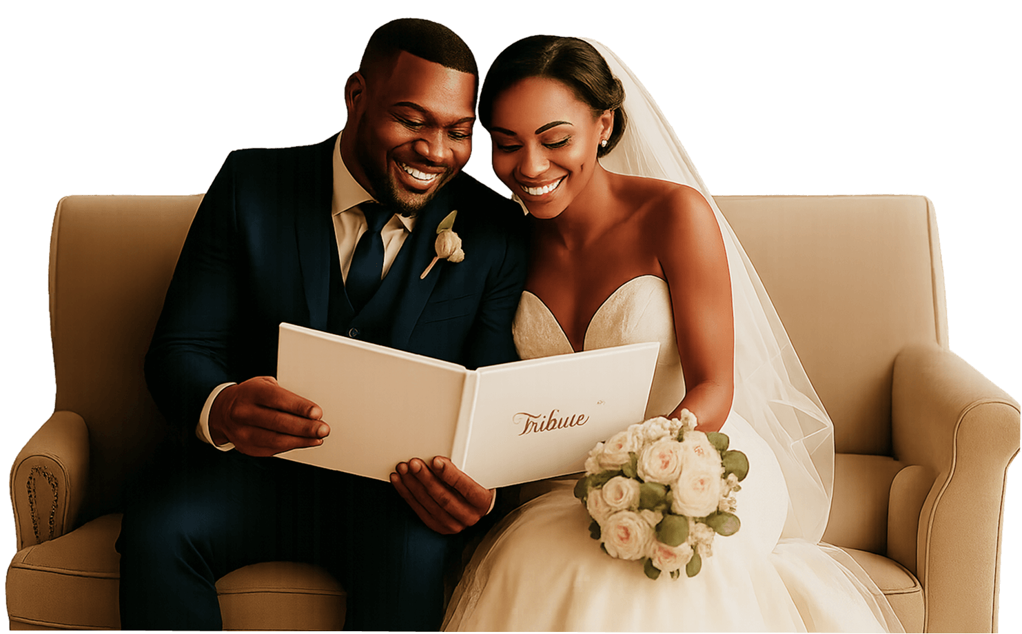 Happy couple reading tribute book
