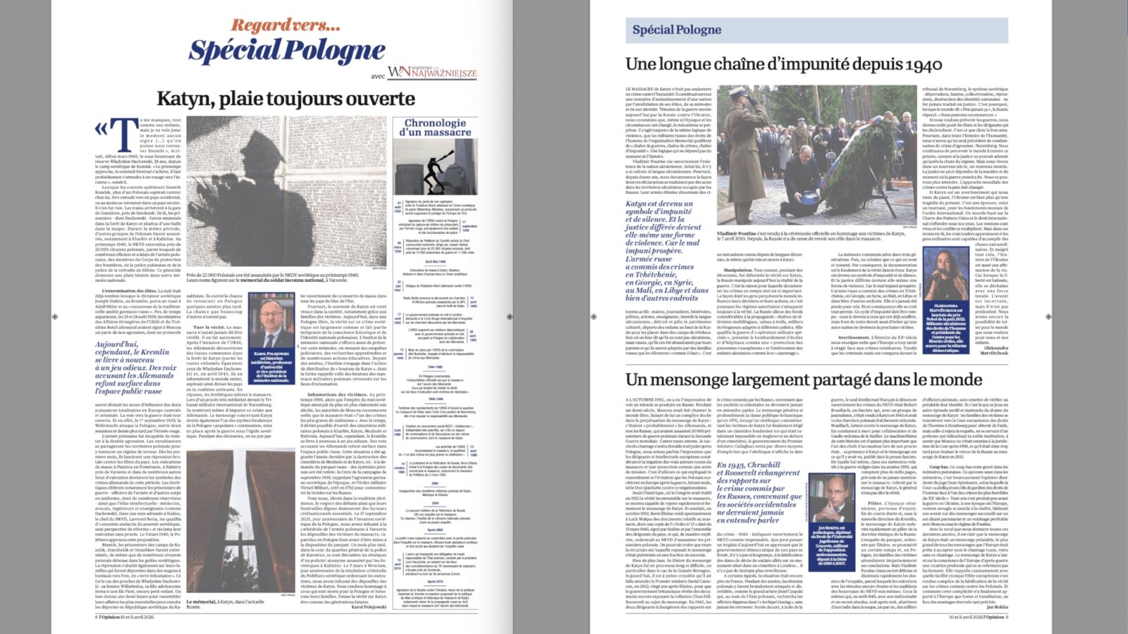 Noblistka Ołeksandra MATWIJCZUK, Karol POLEJOWSKI i Jan ROKITA we francuskim wpływowym dzienniku „L'Opinion” w rocznicę Zbrodni Katyńskiej