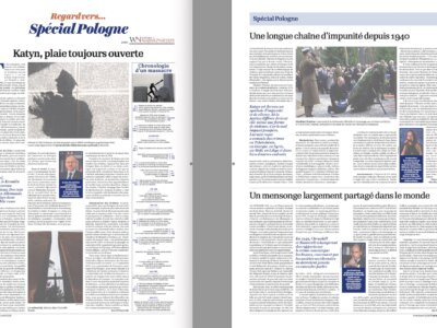 Zdjęcie okładkowe wpisu Noblistka Ołeksandra MATWIJCZUK, Karol POLEJOWSKI i Jan ROKITA we francuskim wpływowym dzienniku „L'Opinion” w rocznicę Zbrodni Katyńskiej