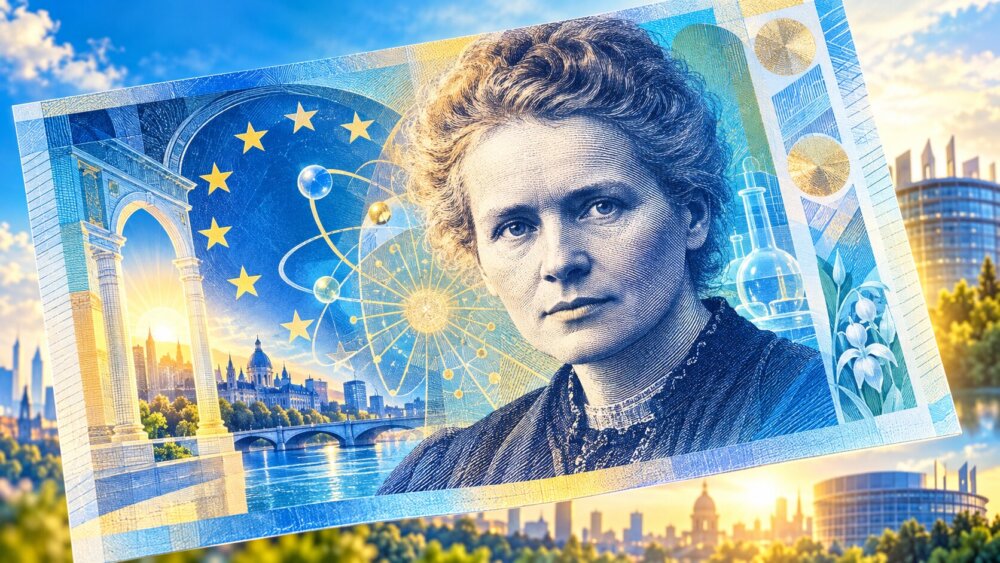 Zdjęcie okładkowe wpisu Maria Skłodowska-Curie na banknocie euro. Europejczycy wybierają nowy wygląd wspólnej waluty